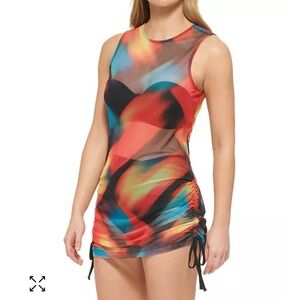 Women's Printed Ruched Adjustable Mesh Mini Dress